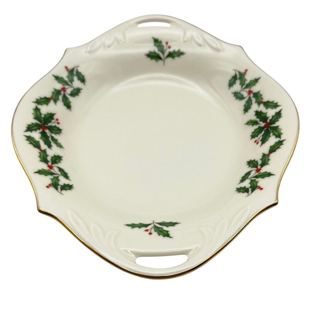 Lenox Holly Berry Christmas Handled Serving Bowl with Gold Rim Scalloped Edge